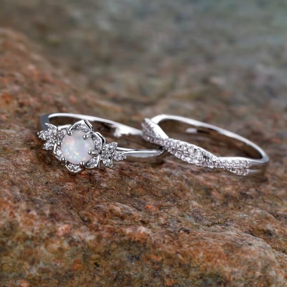 NEW 18k White Gold Opal Ring Set of 2 Stackable Rings - Picture 5 of 6